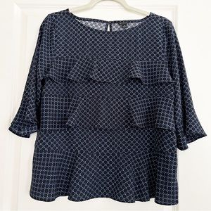 Ann Taylor Tiered Top Blouse Dots Black Blue Medium 3/4 Sleeve